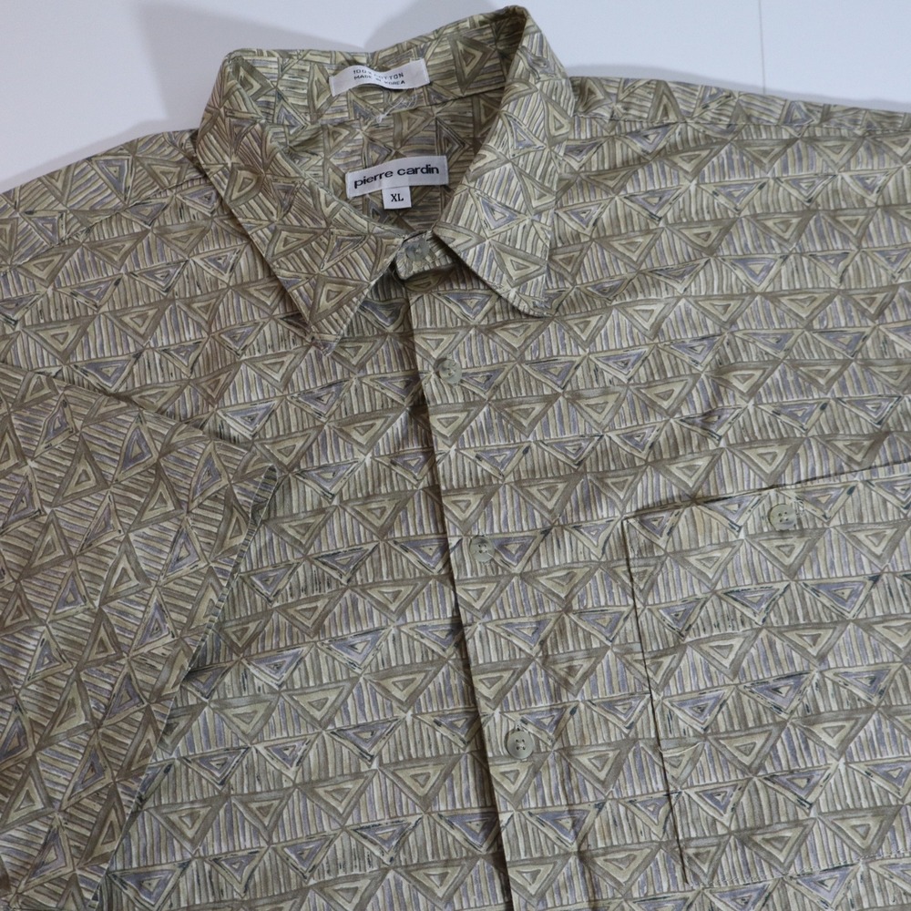 Pierre Cardin Button Down Shirt Mens XL Olive Tan Geometric Triangle Cotton